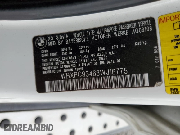 2008 BMW X3 3.0si with VIN WBXPC93468WJ16775, listed as a Copart auction lot 52457185 with 131,275 mi miles and Salvage Title. Bid and sale history available at DreamBid. Image 13.