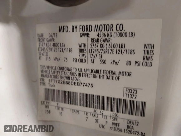 2013 Ford F-250 XL with VIN 1FT7X2B68DEB77475, listed as a IAAI auction lot 41609807 with 212,864 mi miles and . Bid and sale history available at DreamBid. Image 9.