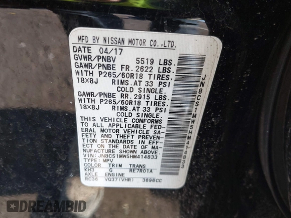 2017 Infiniti QX70 with VIN JN8CS1MW5HM414833, listed as a IAAI auction lot 41834178 with 85,289 mi miles. Bid and sale history available at carsss.com. Image 9.