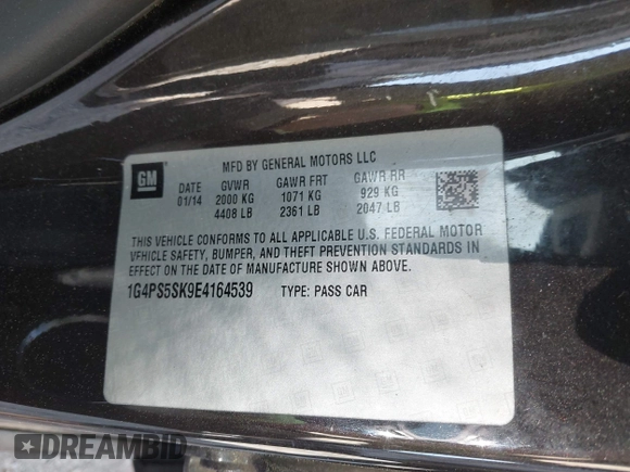 2014 Buick Verano Group with VIN 1G4PS5SK9E4164539, listed as a IAAI auction lot 41879990 with 62,062 mi miles and . Bid and sale history available at DreamBid. Image 9.