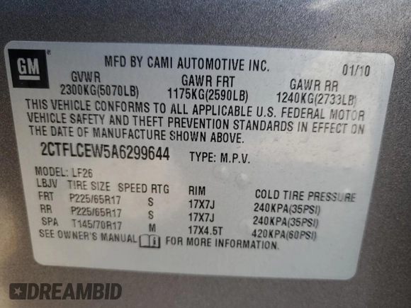 2010 GMC Terrain SLE-1 with VIN 2CTFLCEW5A6299644, listed as a Copart auction lot 53606505 with 123,593 mi miles and Clean Title. Bid and sale history available at carsss.com. Image 13.
