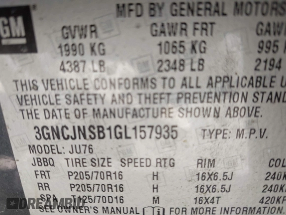 2016 Chevrolet Trax LS with VIN 3GNCJNSB1GL157935, listed as a IAAI auction lot 41807098 with 122,228 mi miles. Bid and sale history available at carsss.com. Image 9.