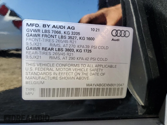 2022 Audi e-tron Chronos with VIN WA1VABGEXNB012047, listed as a Copart auction lot 73431754 with 13,902 mi miles and Salvage Title. Bid and sale history available at DreamBid. Image 13.