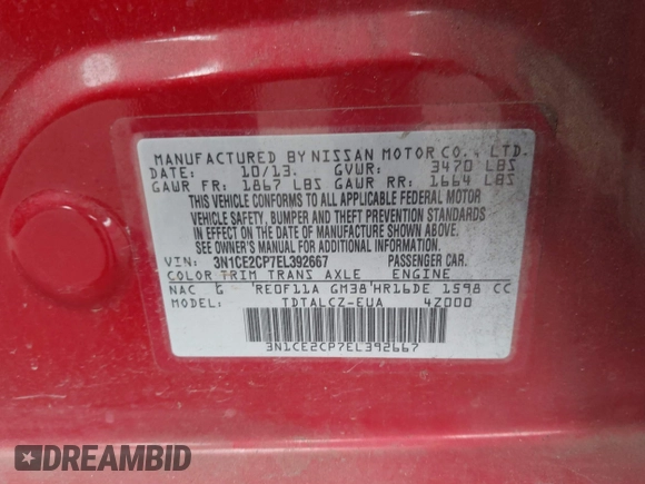 2014 Nissan Note SV with VIN 3N1CE2CP7EL392667, listed as a IAAI auction lot 41814980 with 80,475 mi miles and . Bid and sale history available at DreamBid. Image 9.