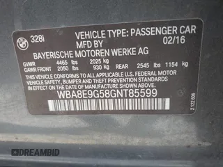 2016 BMW 3 Series 328i with VIN WBA8E9G58GNT85599, listed as a IAAI auction lot 42495494 with 147,275 mi miles and . Bid and sale history available at DreamBid. Image 9.