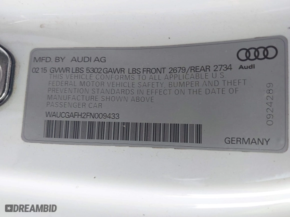 2015 Audi S5 Premium Plus with VIN WAUCGAFH2FN009433, listed as a IAAI auction lot 42034153 with 104,859 mi miles. Bid and sale history available at carsss.com. Image 9.