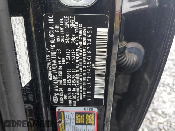 2020 Kia Sorento EX V6 with VIN 5XYPH4A5XLG704651, listed as a Copart auction lot 46155975 with 57,605 mi miles and Salvage Title. Bid and sale history available at carsss.com. Image 13.