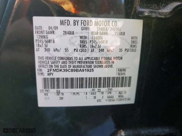 2009 Ford Edge Limited with VIN 2FMDK39C89BA91925, listed as a Copart auction lot 43248815 with 143,676 mi miles and Salvage Title. Bid and sale history available at carsss.com. Image 14.
