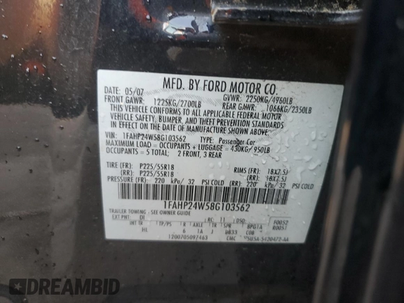 2008 Ford Taurus SEL with VIN 1FAHP24W58G103562, listed as a Copart auction lot 77772654 with 98,807 mi miles and Salvage Title. Bid and sale history available at carsss.com. Image 12.
