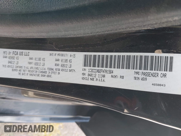 2015 Chrysler 200 Limited with VIN 1C3CCCAB2FN701564, listed as a IAAI auction lot 42068302 with 226,503 mi miles. Bid and sale history available at carsss.com. Image 9.