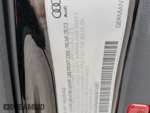 2018 Audi A4 Premium Plus with VIN WAUENAF49JN014357, listed as a Copart auction lot 65951972 with 67,242 mi miles. Bid and sale history available at carsss.com. Image 10.