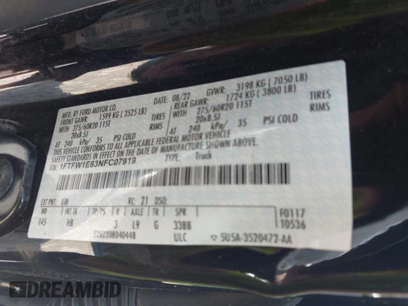 2022 Ford F-150 XL with VIN 1FTFW1E83NFC07919, listed as a IAAI auction lot 42274551 with Not provided miles and . Bid and sale history available at DreamBid. Image 9.