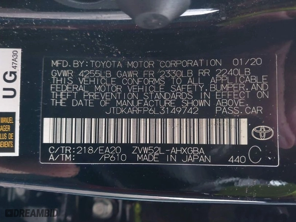 2020 Toyota Prius Prime LE with VIN JTDKARFP6L3149742, listed as a IAAI auction lot 41279506 with 28,185 mi miles. Bid and sale history available at carsss.com. Image 9.