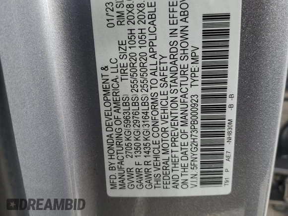 2023 Honda Pilot Touring with VIN 5FNYG2H73PB000923, listed as a Copart auction lot 41459755 with 39,829 mi miles and Salvage title. Bid and sale history available at DreamBid. Image 14.