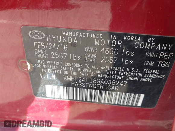 2016 Hyundai Sonata Hybrid SE with VIN KMHE24L18GA038247, listed as a IAAI auction lot 41603106 with 208,891 mi miles. Bid and sale history available at carsss.com. Image 9.