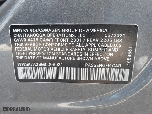 2021 Volkswagen Passat 2.0T SE with VIN 1VWSA7A39MC009031, listed as a IAAI auction lot 41138267 with 108,866 mi miles. Bid and sale history available at carsss.com. Image 9.