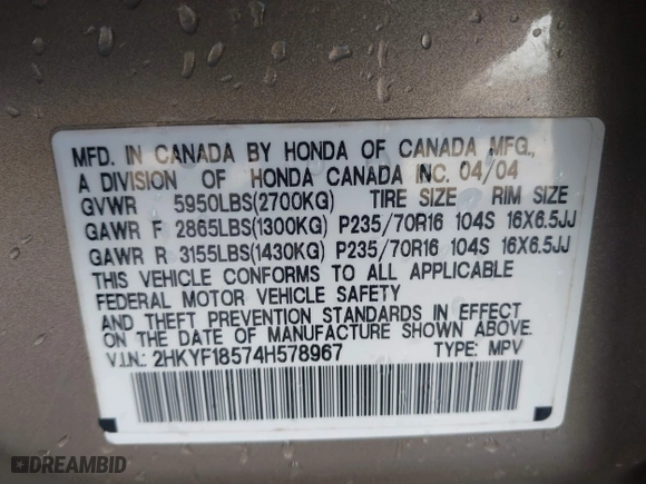 2004 Honda Pilot EX with VIN 2HKYF18574H578967, listed as a IAAI auction lot 41622715 with 150,803 mi miles. Bid and sale history available at carsss.com. Image 9.