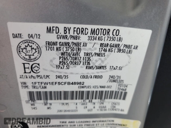 2012 Ford F-150 XL with VIN 1FTFW1EF5CFB48982, listed as a Copart auction lot 59362835 with 213,328 mi miles and Salvage title. Bid and sale history available at DreamBid. Image 13.