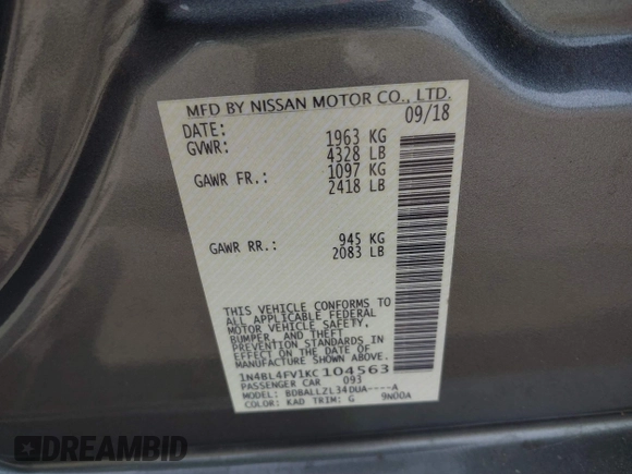 2019 Nissan Altima 2.5 Platinum with VIN 1N4BL4FV1KC104563, listed as a IAAI auction lot 41828774 with 44,006 mi miles. Bid and sale history available at carsss.com. Image 9.
