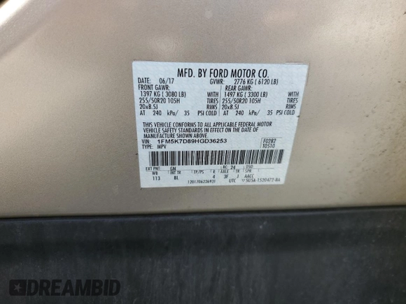 2017 Ford Explorer XLT with VIN 1FM5K7D89HGD36253, listed as a Copart auction lot 58910615 with 88,840 mi miles and Salvage title. Bid and sale history available at DreamBid. Image 13.