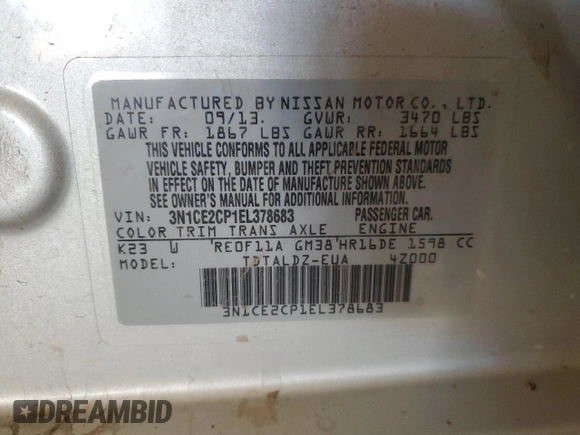 2014 Nissan Note SV with VIN 3N1CE2CP1EL378683, listed as a Copart auction lot 46596825 with Not provided miles and Salvage title. Bid and sale history available at DreamBid. Image 12.