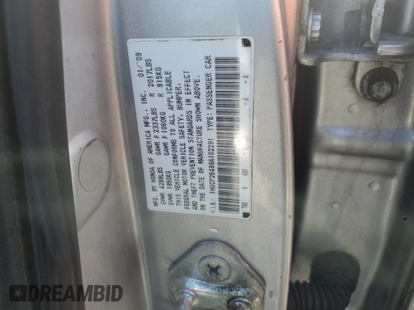 2009 Honda Accord LX-P with VIN 1HGCP26499A102291, listed as a Copart auction lot 53027905 with 167,250 mi miles and Salvage Title. Bid and sale history available at DreamBid. Image 14.