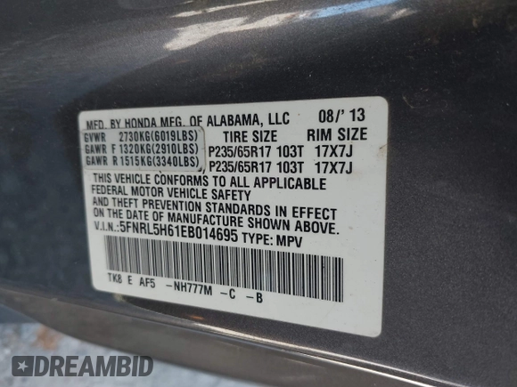 2014 Honda Odyssey EX-L with VIN 5FNRL5H61EB014695, listed as a IAAI auction lot 41694860 with 261,265 mi miles and . Bid and sale history available at DreamBid. Image 9.