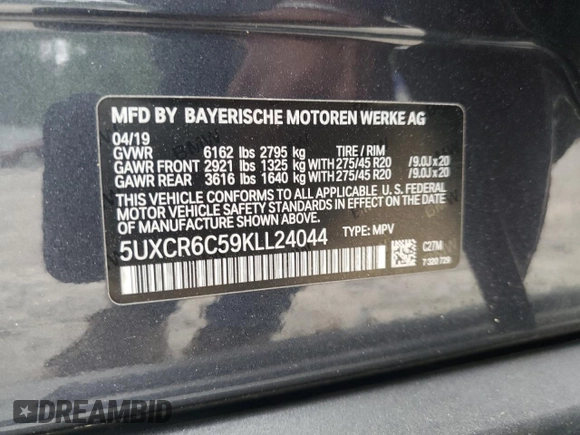 2019 BMW X5 xDrive40i with VIN 5UXCR6C59KLL24044, listed as a Copart auction lot 49685143 with 36,733 mi miles and . Bid and sale history available at DreamBid. Image 12.