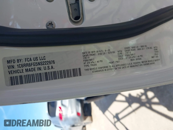 2022 Ram 1500 Tradesman with VIN 1C6RR6FG5NS222976, listed as a IAAI auction lot 41083811 with 35,080 mi miles and . Bid and sale history available at DreamBid. Image 9.