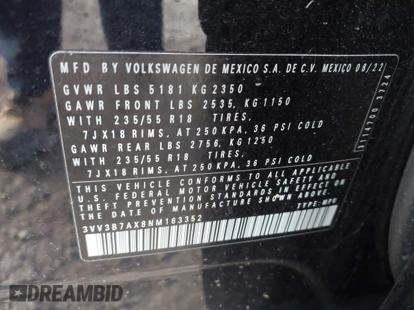 2022 Volkswagen Tiguan SE with VIN 3VV3B7AX8NM163352, listed as a IAAI auction lot 40946586 with 27,847 mi miles and . Bid and sale history available at DreamBid. Image 9.