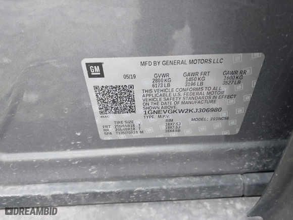 2019 Chevrolet Traverse LT Cloth with VIN 1GNEVGKW2KJ306980, listed as a IAAI auction lot 41718999 with 59,315 mi miles. Bid and sale history available at carsss.com. Image 9.