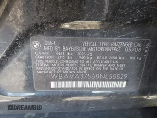 2008 BMW 3 Series 328i with VIN WBAVA37568NL55529, listed as a IAAI auction lot 41832053 with 134,933 mi miles. Bid and sale history available at carsss.com. Image 9.