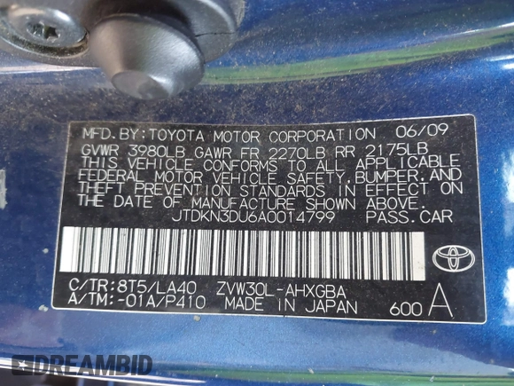 2010 Toyota Prius II z VIN JTDKN3DU6A0014799, wystawiony jako IAAI lot #40563906 z przebiegiem Nie podano mil oraz . Historia ofert i sprzedaży dostępna na DreamBid. Obrazek 9.
