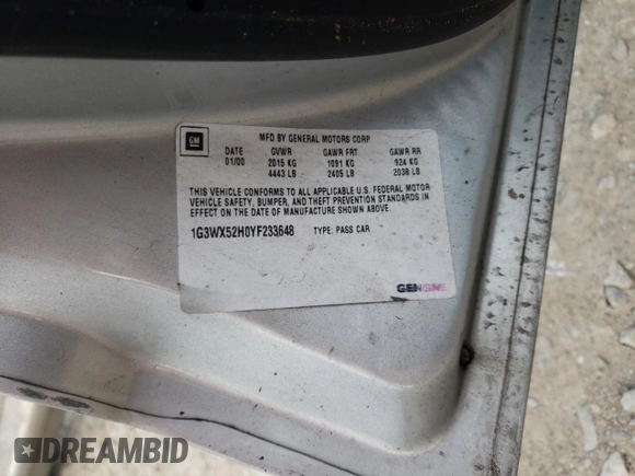 2000 Oldsmobile Intrigue GLS z VIN 1G3WX52H0YF233648, wystawiony jako Copart lot #72619824 z przebiegiem Nie podano mil oraz Nie do naprawy. Historia ofert i sprzedaży dostępna na DreamBid. Obrazek 14.