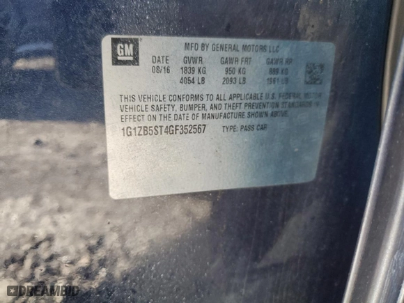 2016 Chevrolet Malibu LS with VIN 1G1ZB5ST4GF352567, listed as a Copart auction lot 41797035 with 203,542 mi miles and Salvage Title. Bid and sale history available at carsss.com. Image 12.
