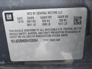 2014 Chevrolet Sonic LT with VIN 1G1JC6SH5E4153094, listed as a IAAI auction lot 41506576 with 118,833 mi miles. Bid and sale history available at carsss.com. Image 9.