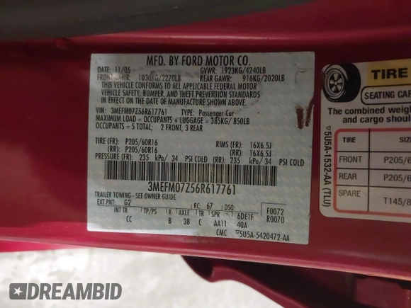 2006 Mercury Milan with VIN 3MEFM07Z56R617761, listed as a IAAI auction lot 41506668 with 170,451 mi miles and . Bid and sale history available at DreamBid. Image 9.
