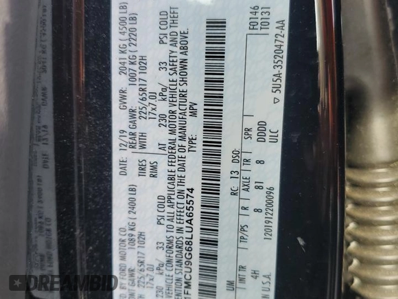 2020 Ford Escape SE z VIN 1FMCU9G68LUA65574, wystawiony jako Copart lot #60723395 z przebiegiem 23 801 mil mil oraz Szkoda całkowita • Salvage title. Historia ofert i sprzedaży dostępna na DreamBid. Obrazek 14.