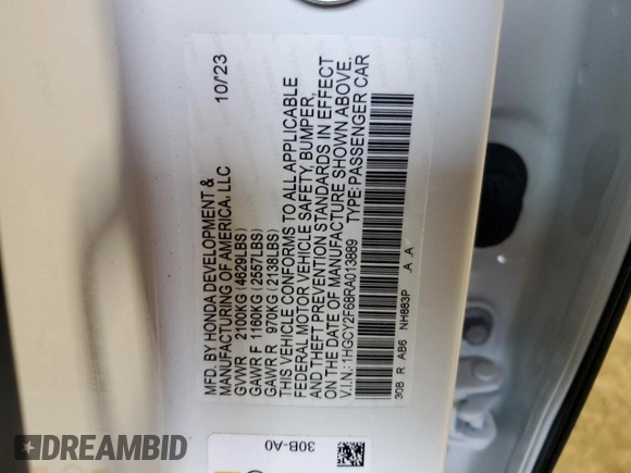 2024 Honda Accord EX-L с VIN 1HGCY2F68RA013889, выставлен на аукционе Copart как лот 46603215 с пробегом 14 956 миль миль и Списание • Salvage title. История ставок и продаж доступна на DreamBid. Изображение 12.
