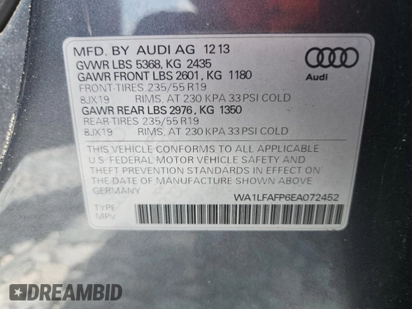 2014 Audi Q5 Premium Plus with VIN WA1LFAFP6EA072452, listed as a Copart auction lot 58823455 with 124,784 mi miles and Non repairable. Bid and sale history available at DreamBid. Image 13.