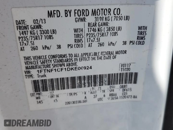 2013 Ford F-150 XL with VIN 1FTNF1CF1DKE06924, listed as a Copart auction lot 54252525 with 222,384 mi miles and Salvage title. Bid and sale history available at DreamBid. Image 13.