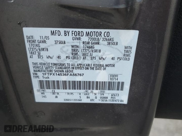2006 Ford F-150 XLT with VIN 1FTPX14536FA56767, listed as a Copart auction lot 61500475 with 198,967 mi miles and Clean title. Bid and sale history available at DreamBid. Image 12.