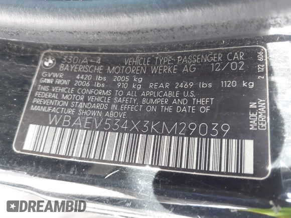2003 BMW 3 Series 330i with VIN WBAEV534X3KM29039, listed as a IAAI auction lot 41850238 with 127,791 mi miles. Bid and sale history available at carsss.com. Image 9.