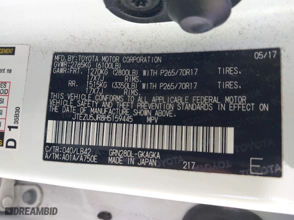 2017 Toyota 4Runner SR5 with VIN JTEZU5JR8H5159445, listed as a IAAI auction lot 41936282 with 88,262 mi miles. Bid and sale history available at carsss.com. Image 9.