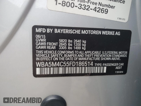 2015 BMW 5 Series 535i Gran Turismo xDrive with VIN WBA5M4C55FD186514, listed as a Copart auction lot 69410704 with 124,398 mi miles and Salvage title. Bid and sale history available at DreamBid. Image 12.