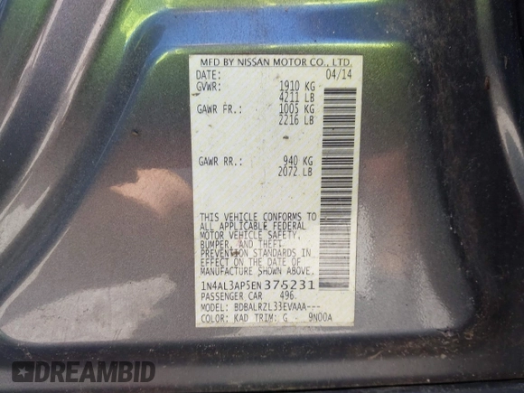 2014 Nissan Altima S with VIN 1N4AL3AP5EN375231, listed as a IAAI auction lot 41875976 with 142,345 mi miles and . Bid and sale history available at carsss.com. Image 9.