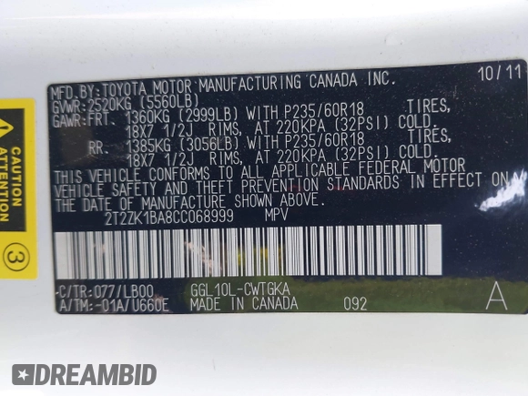 2012 Lexus RX 350 with VIN 2T2ZK1BA8CC068999, listed as a IAAI auction lot 42422104 with 92,060 mi miles and . Bid and sale history available at DreamBid. Image 9.