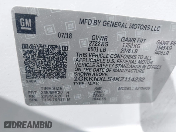 2019 GMC Acadia Denali z VIN 1GKKNXLS4KZ114232, wystawiony jako IAAI lot #42055529 z przebiegiem 58 075 mil mil oraz . Historia ofert i sprzedaży dostępna na DreamBid. Obrazek 9.
