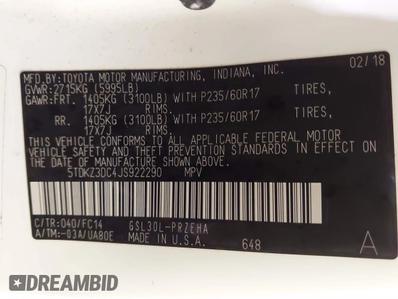 2018 Toyota Sienna LE Auto Access Seat with VIN 5TDKZ3DC4JS922290, listed as a IAAI auction lot 41615724 with 100,632 mi miles. Bid and sale history available at carsss.com. Image 9.