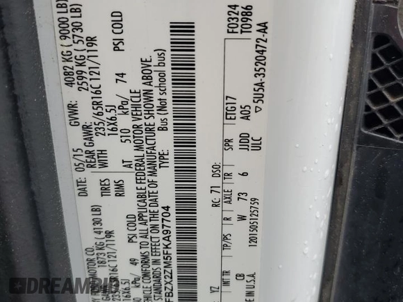 2015 Ford Transit XL z VIN 1FBZX2ZM5FKA97704, wystawiony jako Copart lot #56949575 z przebiegiem 112 522 mil mil oraz Szkoda całkowita • Salvage title. Historia ofert i sprzedaży dostępna na DreamBid. Obrazek 13.